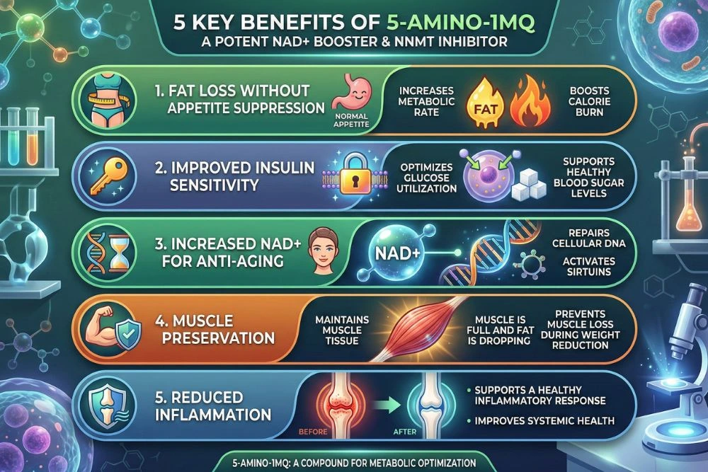 Infographic showing five key benefits of 5-amino-1MQ including fat loss without appetite suppression, improved insulin sensitivity, increased NAD+ for anti-aging, muscle preservation, and reduced inflammation.