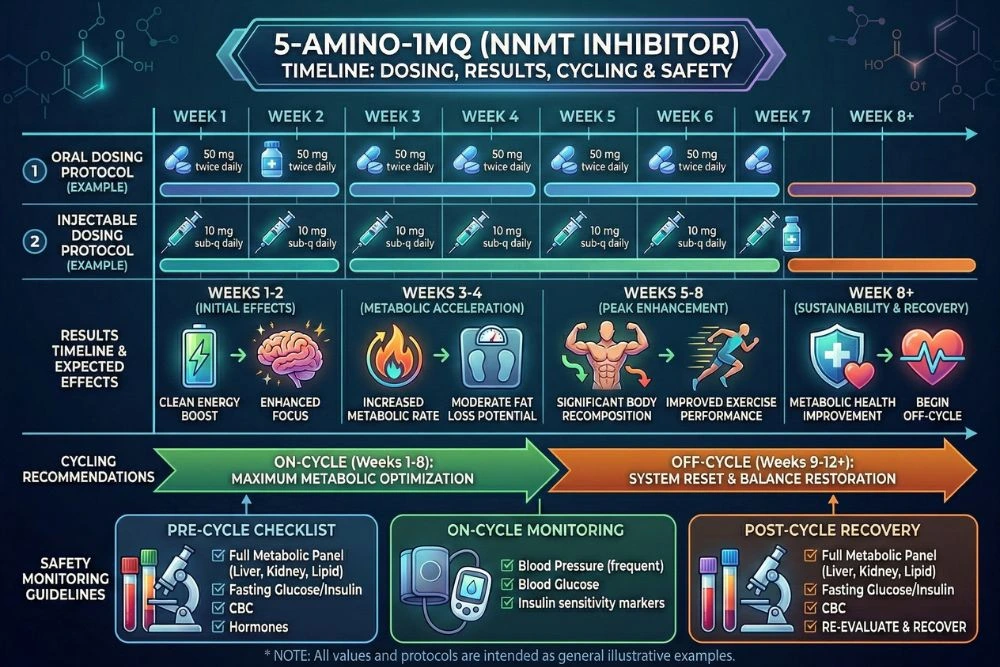 Timeline chart showing 5-amino-1MQ dosing protocols for injectable and oral administration with expected results by week, cycling recommendations, and safety monitoring guidelines.