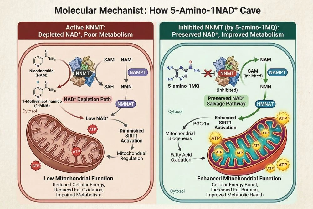 Molecular diagram showing how 5-amino-1MQ preserves NAD+ levels by blocking NNMT enzyme, enhancing mitochondrial function and cellular energy production for improved metabolism.