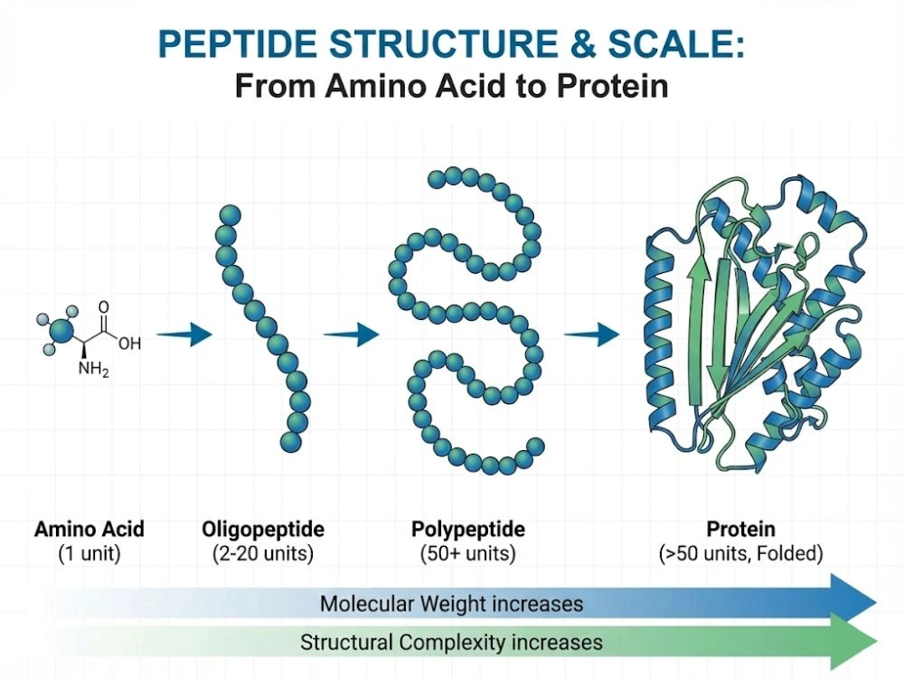 A scientific chart illustrating the scale from Amino Acid (1 unit) to Oligopeptide (2-20 units) to Polypeptide (50+ units) to Protein.