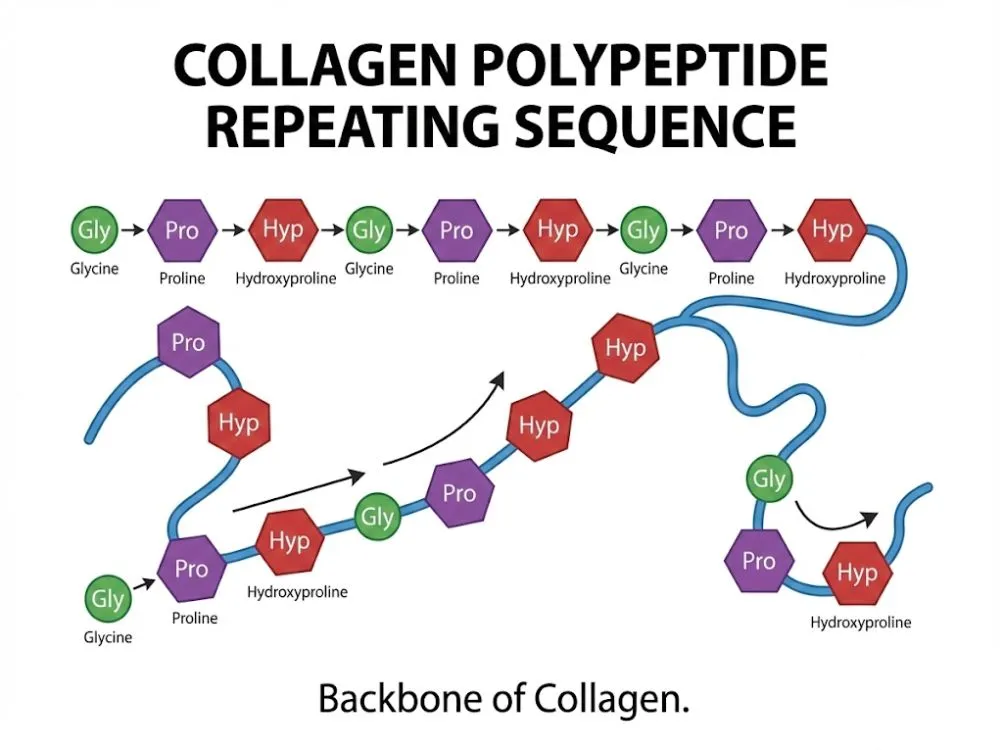A diagram showing the repeating Glycine-Proline-Hydroxyproline amino acid sequence that forms the backbone of collagen polypeptides.