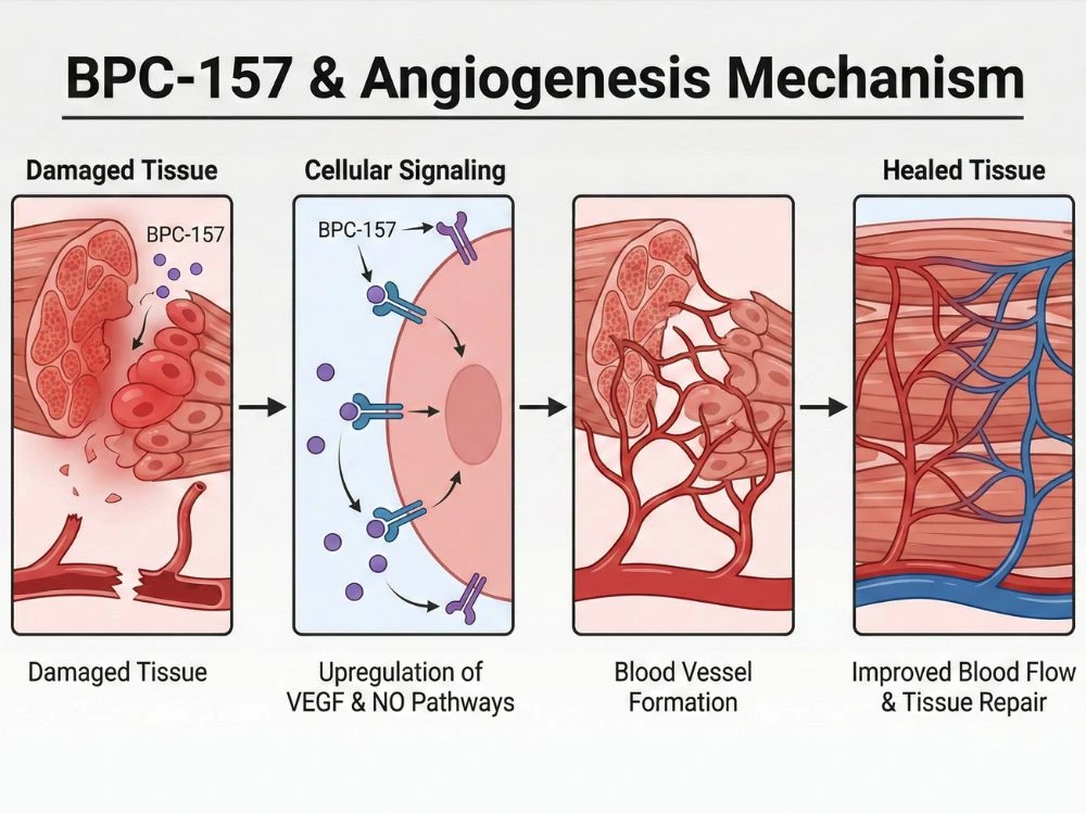 Scientific diagram illustrating how BPC-157 promotes angiogenesis and blood vessel formation in damaged tissues.