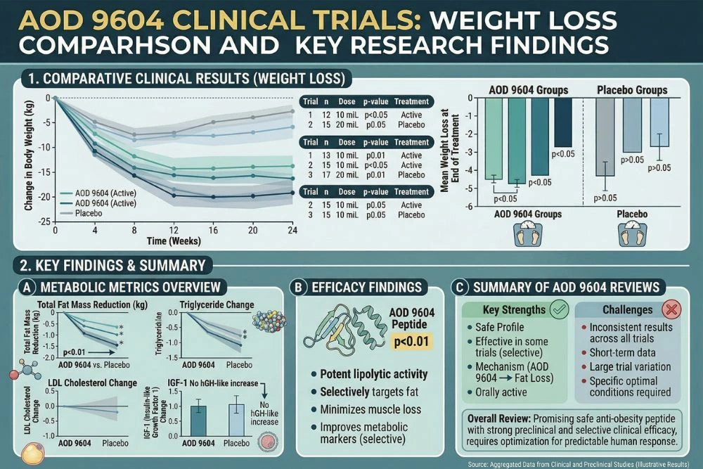 Graph comparing weight loss results between AOD 9604 and placebo groups in clinical trials, illustrating key findings discussed in AOD 9604 reviews and research summaries