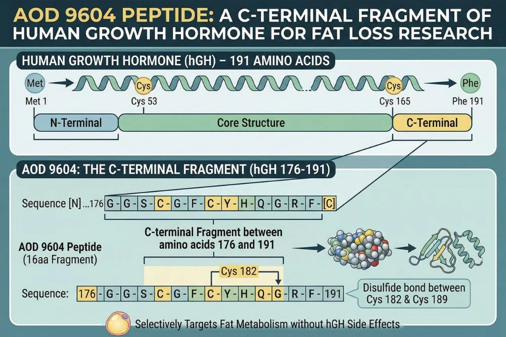 Diagram showing AOD 9604 as the C-terminal fragment of human growth hormone between amino acids 176 and 191, relevant to aod 9604 reviews for fat loss research