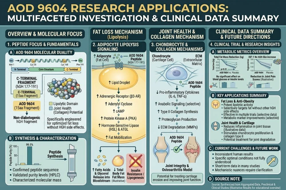 Researcher reviewing AOD 9604 peptide data in laboratory setting, representing the multiple research applications discussed in AOD 9604 reviews including fat loss and joint health