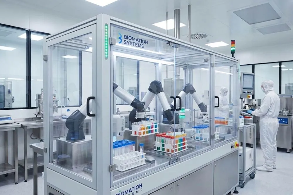 A modern automated peptide synthesizer machine with robotic arms handling multiple test tubes in a pharmaceutical manufacturing facility.