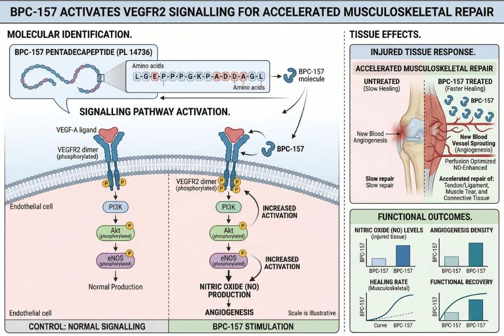 Scientific diagram of BPC-157 activating VEGFR2 Akt eNOS signaling pathway to promote angiogenesis and nitric oxide production in injured tissue showing how BPC-157 stimulates new blood vessel formation for accelerated musculoskeletal repair