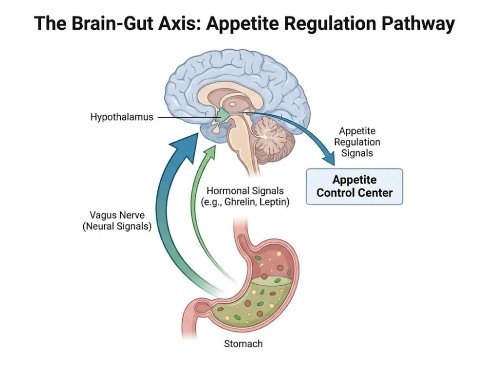 A scientific diagram illustrating the Brain-Gut Axis, showing signals traveling from the stomach to the hypothalamus to regulate appetite.
