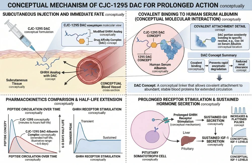 Scientific diagram illustrating CJC-1295 DAC drug affinity complex covalently binding to serum albumin after subcutaneous injection extending peptide half-life to 6-8 days for prolonged GHRH receptor stimulation and sustained GH IGF-1 secretion
