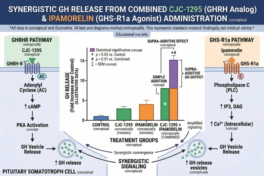 Research graph concept illustrating synergistic GH release from combined CJC-1295 GHRH analog and ipamorelin GHS-R1a agonist administration showing dual receptor pathway supra-additive growth hormone output greater than either compound alone