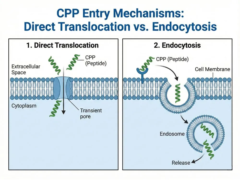 Scientific diagram illustrating the two primary mechanisms of CPP entry: direct translocation and endocytosis.