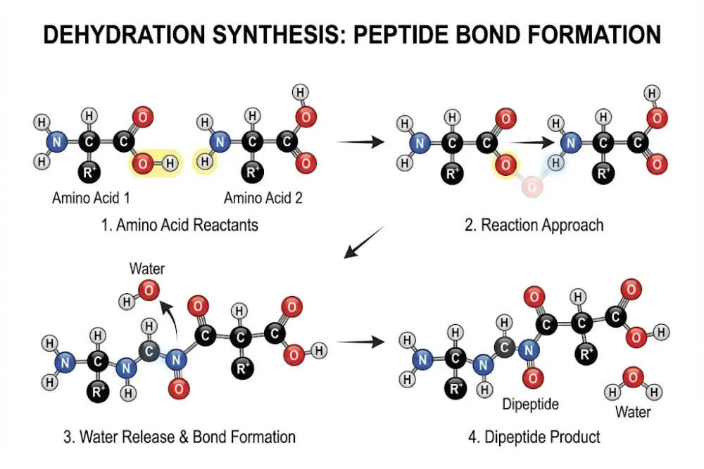 A step-by-step illustration of dehydration synthesis, showing two amino acids joining to release a water molecule and form a peptide bond.