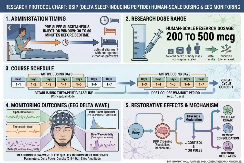 DSIP research protocol dosing chart showing pre-sleep subcutaneous administration timing 30 to 60 minutes before bedtime, dose range of 200 to 500 mcg for human-scale research, 5 to 7 day course schedule, and EEG delta wave monitoring parameters for measuring slow-wave sleep quality improvement outcomes in sleep research studies.