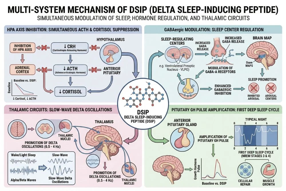 Multi-system mechanism diagram for DSIP delta sleep-inducing peptide showing simultaneous ACTH and cortisol suppression through HPA axis inhibition, GABAergic modulation of sleep centers, promotion of slow-wave delta oscillations in thalamic circuits, and amplification of the pituitary growth hormone pulse during the first deep sleep cycle of the night.
