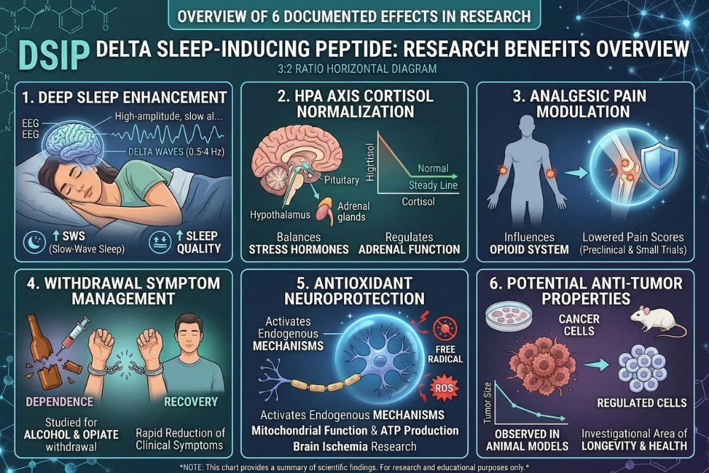 Research benefits overview chart for DSIP delta sleep-inducing peptide showing six documented effects: increased slow-wave delta sleep duration and quality, HPA axis cortisol normalization, analgesic pain modulation, withdrawal symptom management, antioxidant neuroprotection, and potential anti-tumor properties observed in animal research models.