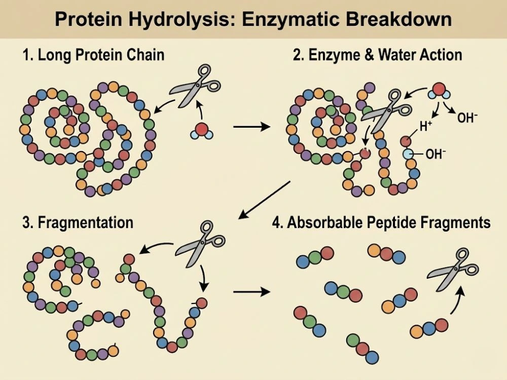 A diagram illustrating the hydrolysis process, where water and enzymes break a long protein chain into smaller, absorbable peptide fragments.