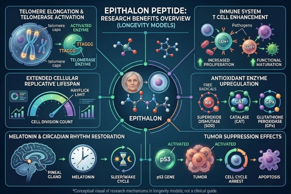 Research benefits overview diagram for epithalon peptide illustrating six key mechanisms: telomere elongation through telomerase activation, extended cellular replicative lifespan beyond the Hayflick limit, melatonin and circadian rhythm restoration, immune system T cell enhancement, antioxidant enzyme upregulation, and tumor suppression effects in longevity research models.