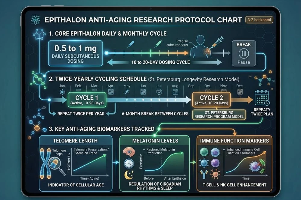 Epithalon research protocol chart showing the recommended 10 to 20-day dosing cycle with 0.5 to 1 mg daily subcutaneous dosing, twice-yearly cycling schedule used in the St. Petersburg longevity research program, and key biomarkers including telomere length, melatonin levels, and immune function markers tracked during epithalon anti-aging studies.