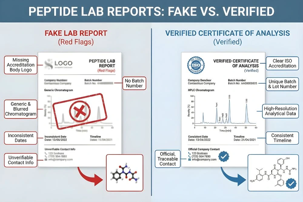 A visual comparison graphic highlighting red flags on a fake lab report versus a verified certificate of analysis for scientific peptides.