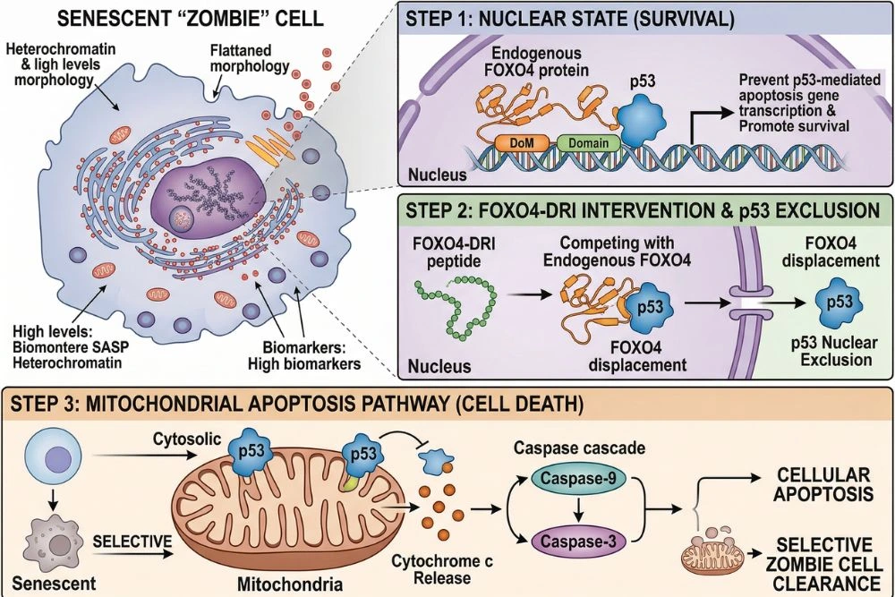 Molecular illustration showing FOXO4-DRI peptide competing with endogenous FOXO4 protein to bind p53 causing nuclear exclusion of p53 in senescent cells and triggering mitochondrial apoptosis pathway selectively in zombie cells