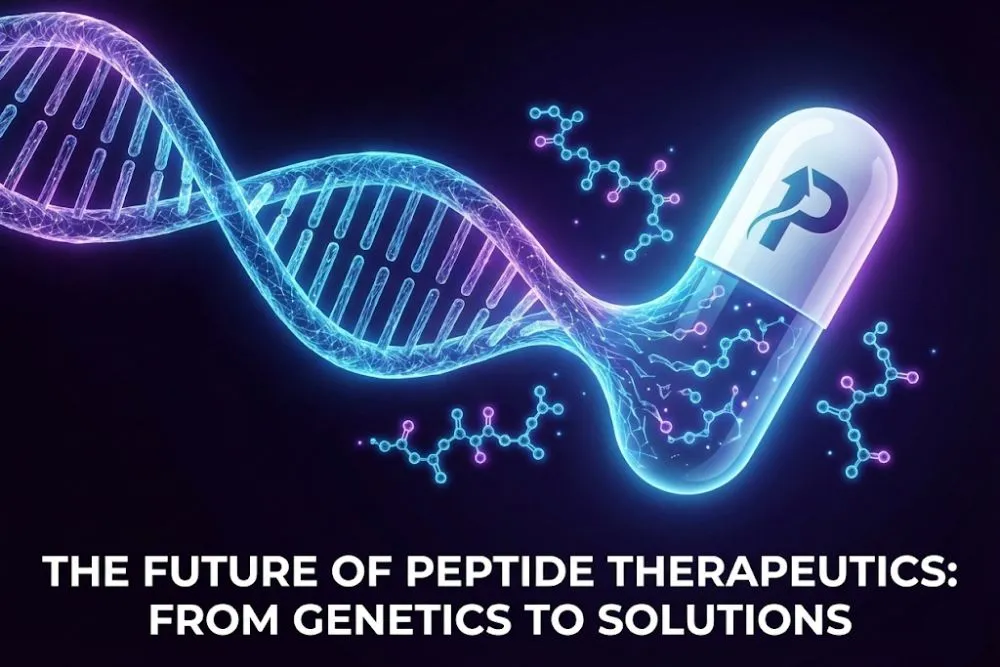 A conceptual illustration showing a DNA strand transforming into a weight loss pill, representing the future evolution of peptide therapeutics.