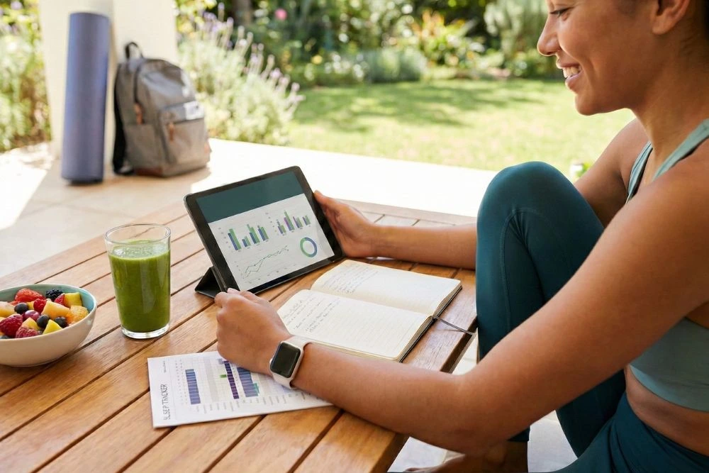 A person tracking their fitness and wellness progress, representing the holistic benefits of metabolic optimization.