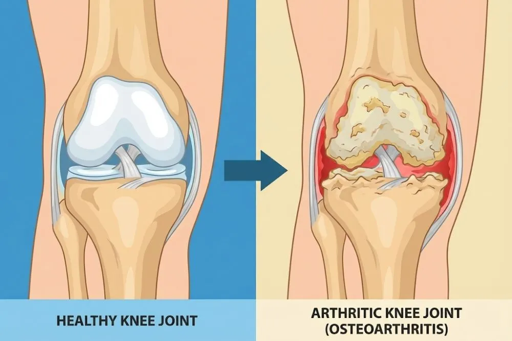 A comparison illustration showing a healthy knee joint with smooth cartilage versus an arthritic joint with inflammation and bone erosion.