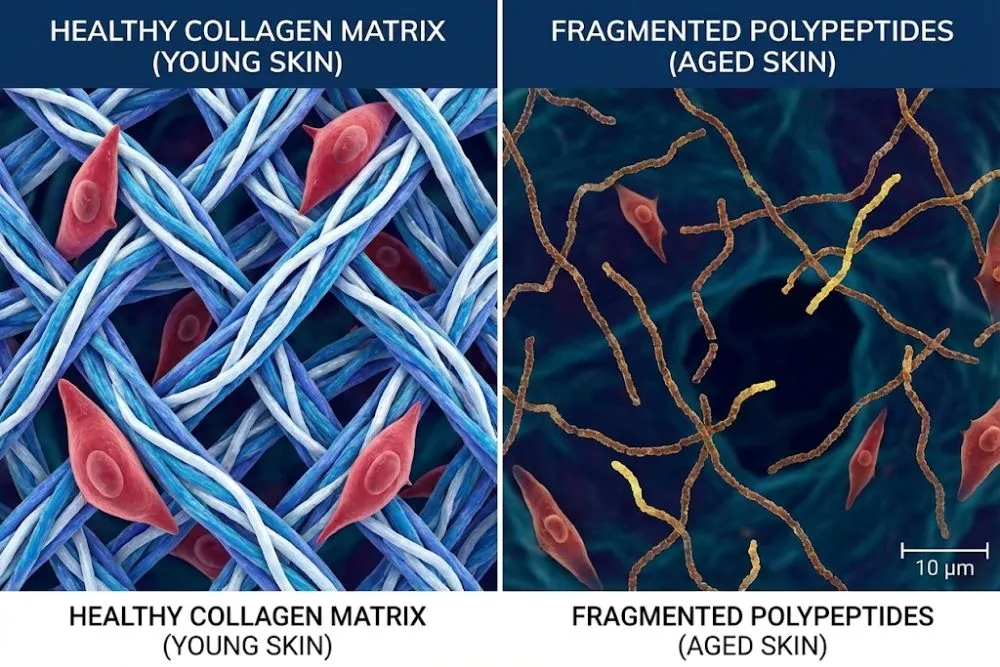 A microscopic comparison of a dense, healthy collagen matrix in young skin versus the fragmented, disconnected polypeptide chains in aged skin.