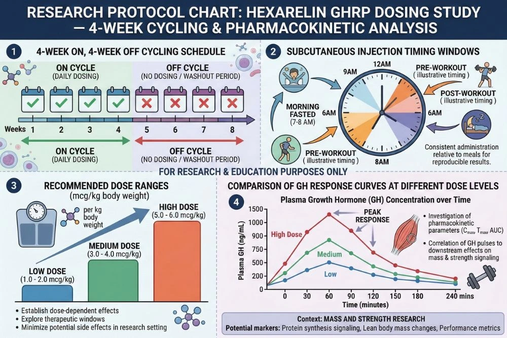 Research protocol chart for hexarelin GHRP dosing showing a 4-week on, 4-week off cycling schedule with subcutaneous injection timing windows, recommended dose ranges in micrograms per kilogram body weight, and comparison of GH response curves at different dose levels for mass and strength research.