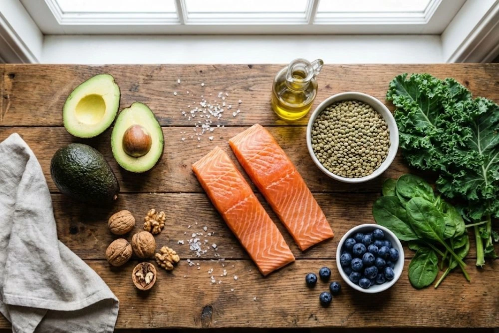 A flat-lay photograph of GLP-1 boosting foods, including avocados, salmon, lentils, and leafy greens, arranged on a kitchen counter.