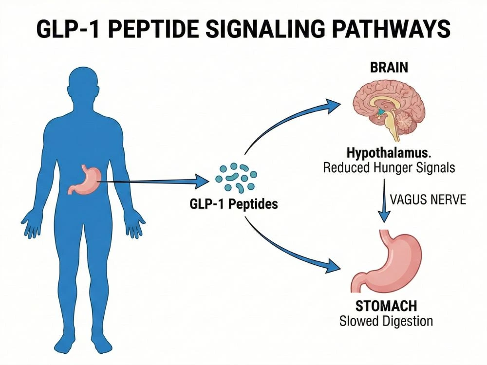 Scientific diagram showing how GLP-1 peptides signal the brain to reduce hunger and the stomach to slow digestion.