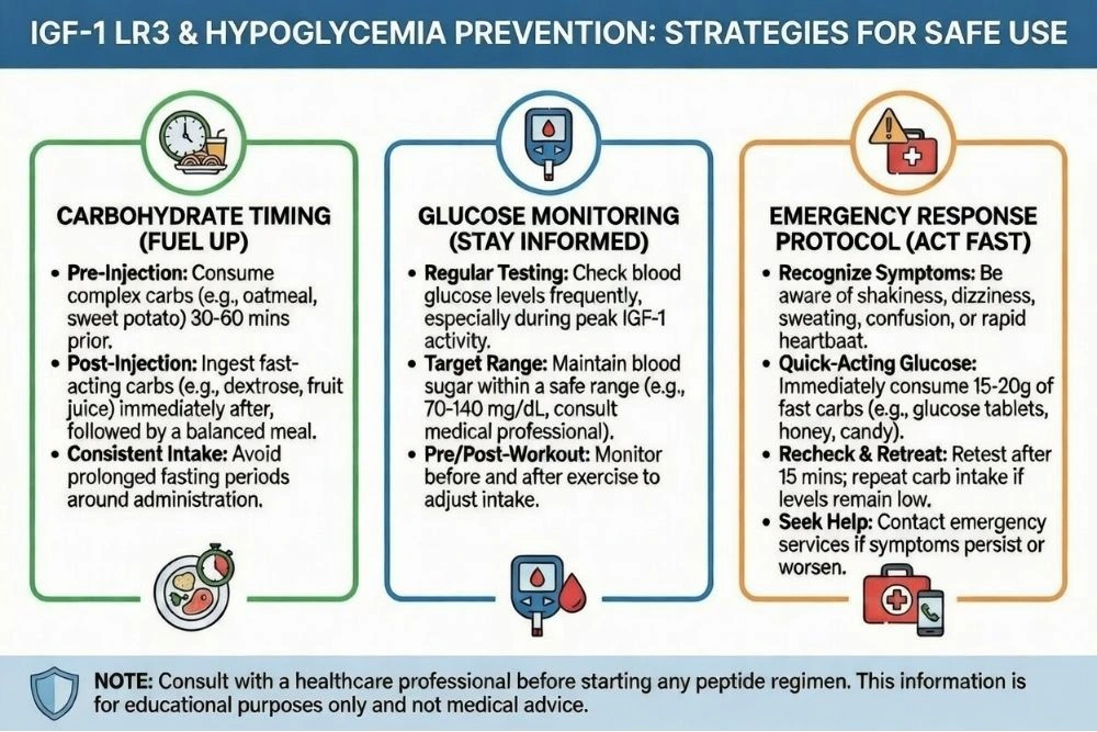 Educational infographic showing IGF-1 LR3 hypoglycemia prevention strategies including carbohydrate timing, glucose monitoring, and emergency response protocols for safe peptide use.