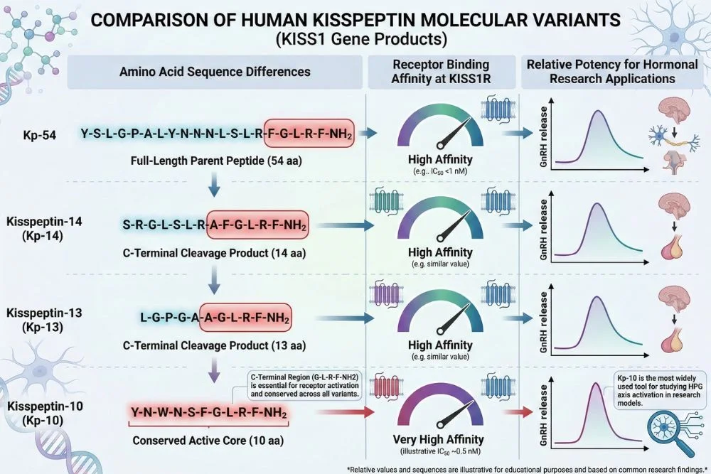 Comparison diagram of kisspeptin molecular variants including kisspeptin-10, kisspeptin-14, kisspeptin-13, and kisspeptin-54 showing amino acid sequence differences, receptor binding affinity at KISS1R, and relative potency for hormonal research applications.
