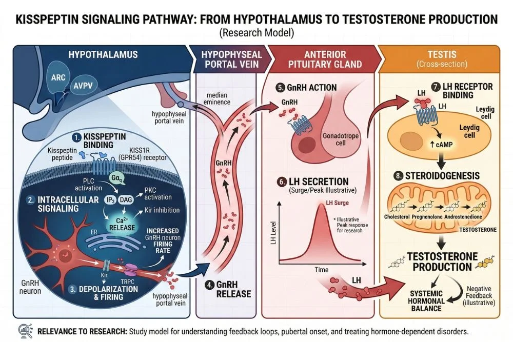 Diagram showing the step-by-step kisspeptin signaling pathway from hypothalamic KISS1R receptor activation through GnRH release, LH surge at the pituitary gland, and downstream testosterone production in the testes for hormonal balance research.