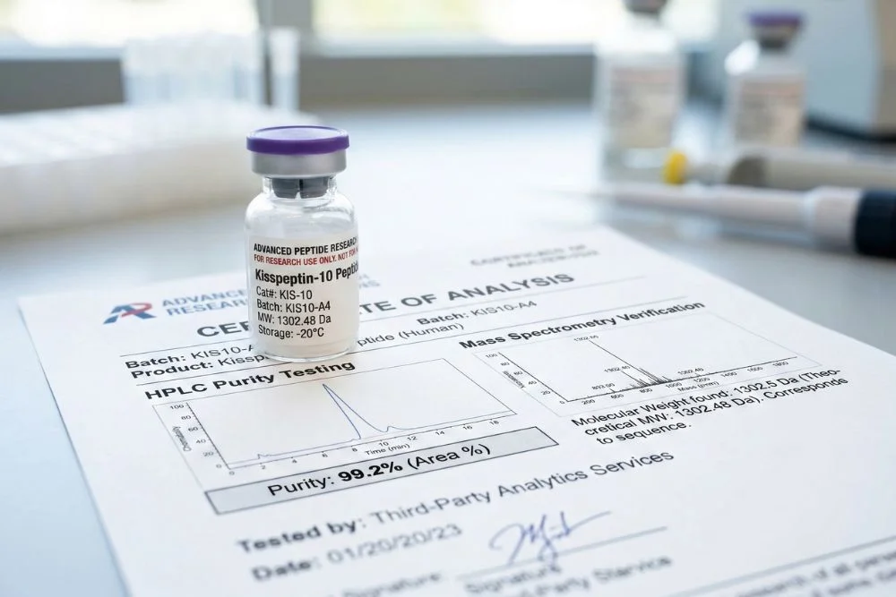 Close-up image of a kisspeptin research peptide vial with Certificate of Analysis document showing third-party HPLC purity testing results above 98 percent, mass spectrometry verification, and proper research-grade labeling for hormonal balance studies.