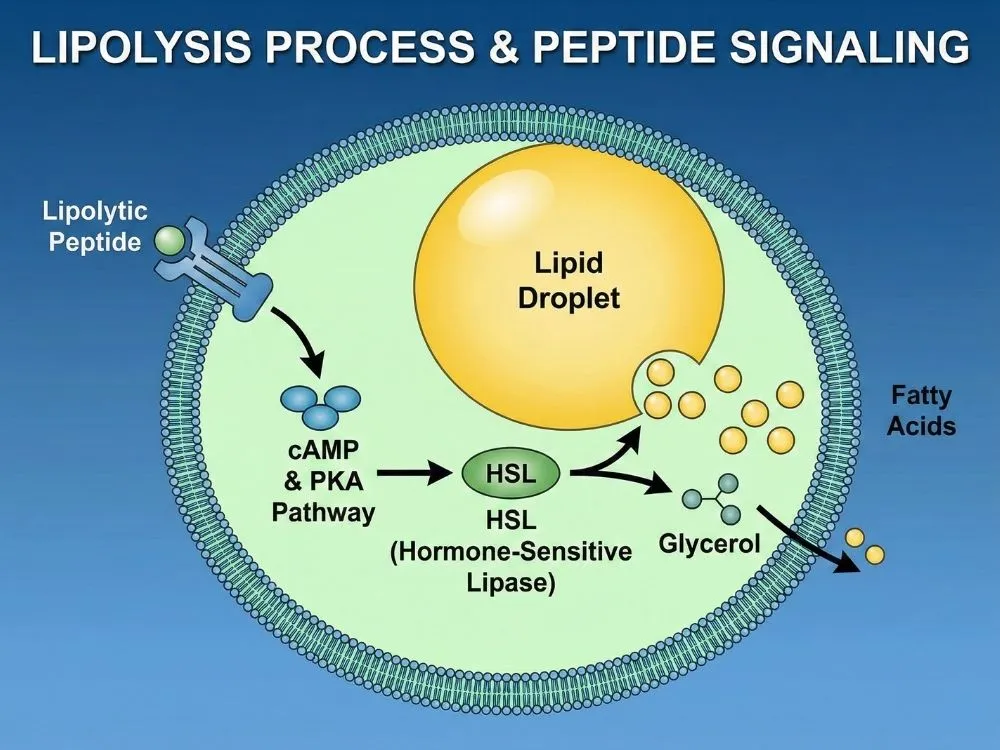 Scientific diagram illustrating the process of lipolysis and how specific peptides signal the breakdown of fat cells.