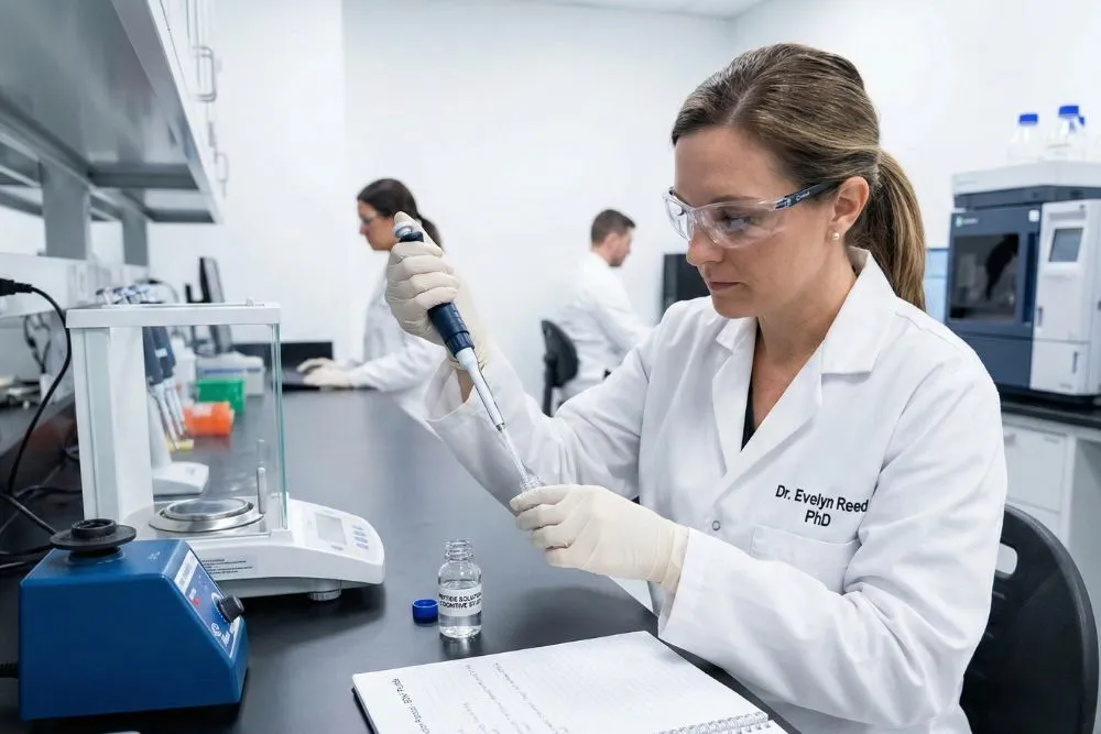 A professional researcher in a controlled laboratory setting preparing a peptide solution for a study on cognitive health.