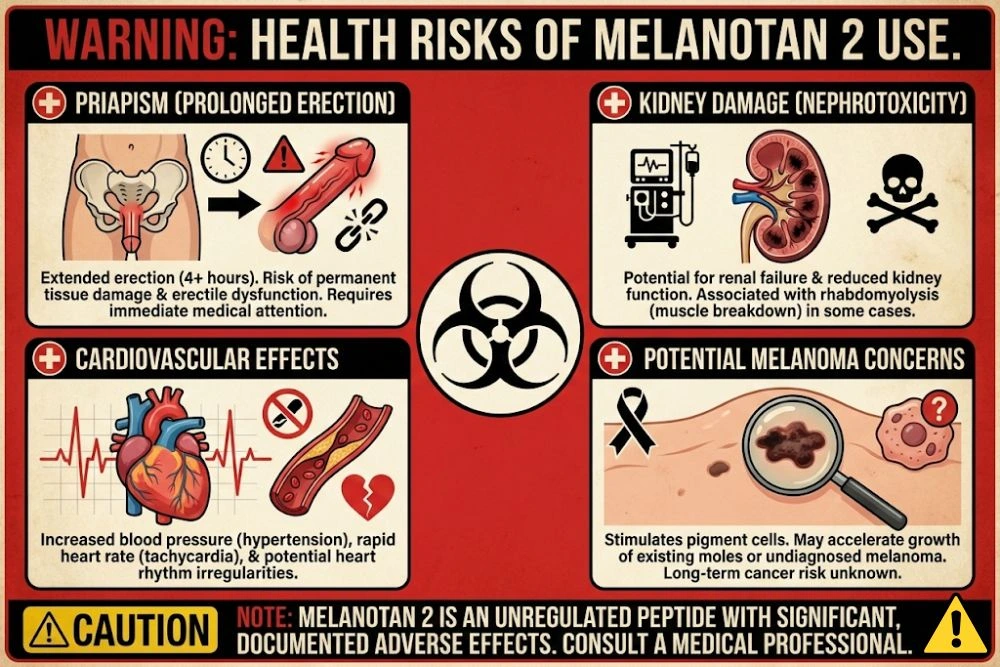A medical infographic showing documented health risks of Melanotan 2 including priapism, kidney damage, cardiovascular effects, and potential melanoma concerns with warning symbols.