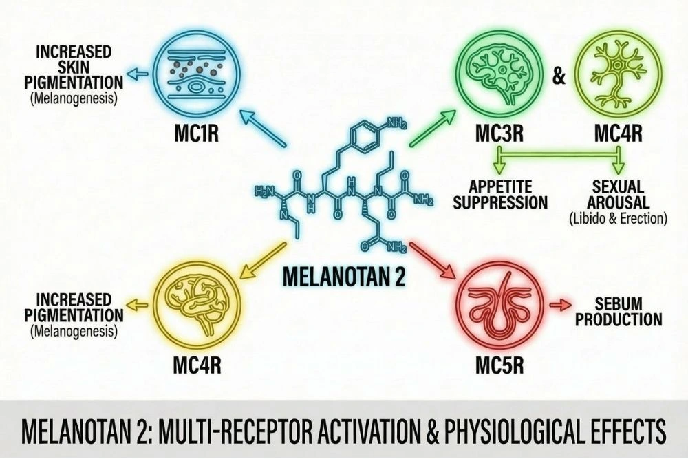 A scientific diagram illustrating how Melanotan 2 activates MC1R, MC3R, MC4R, and MC5R receptors to produce multiple physiological effects including skin pigmentation, appetite suppression, and sexual arousal.