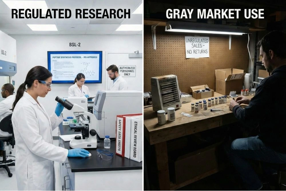 A professional research laboratory setting showing proper safety protocols, documentation, and ethical oversight for peptide research, contrasting with unregulated gray market use.