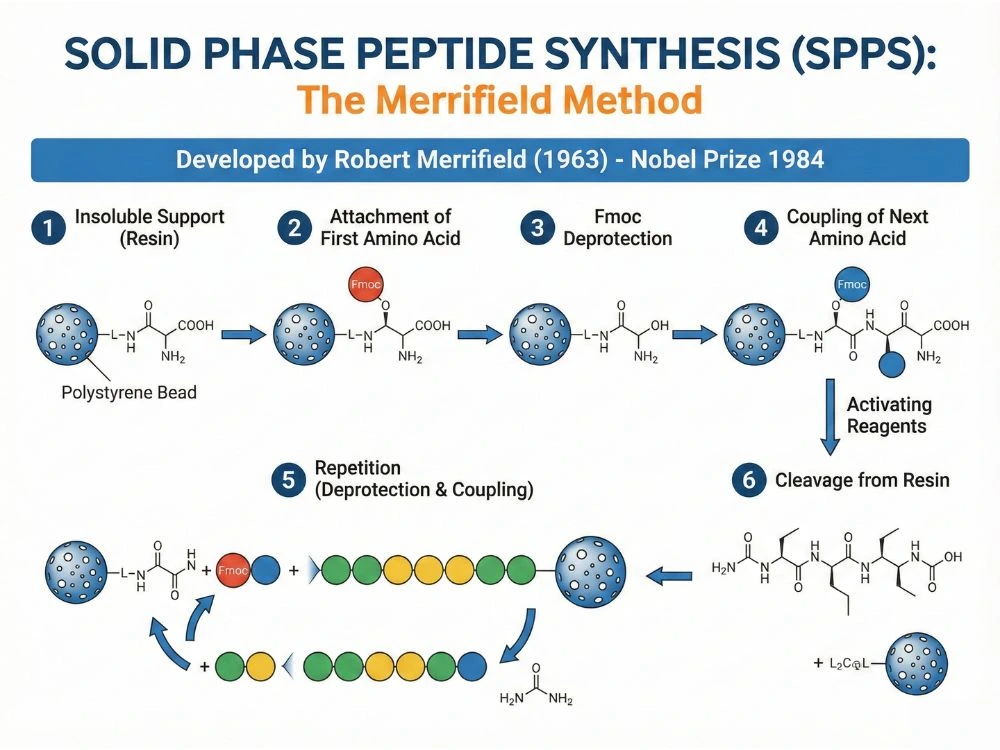 Scientific diagram illustrating the solid phase peptide synthesis process developed by Robert Merrifield