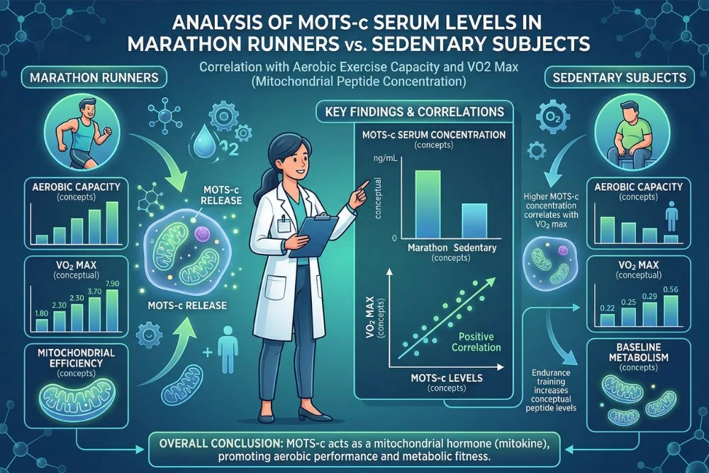 Scientist analyzing MOTS-c serum levels in marathon runners compared to sedentary subjects showing correlation between mots-c mitochondrial peptide concentration and aerobic exercise capacity and VO2 max