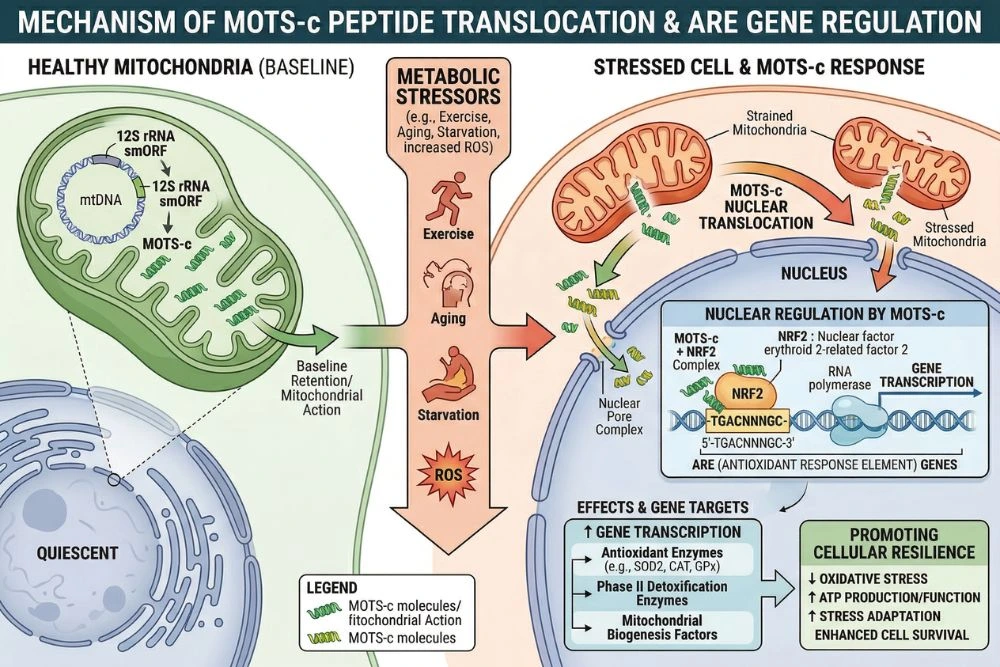 Scientific illustration of MOTS-c peptide translocating from mitochondria to cell nucleus under metabolic stress showing how mots-c regulates antioxidant response element genes and promotes cellular resilience.