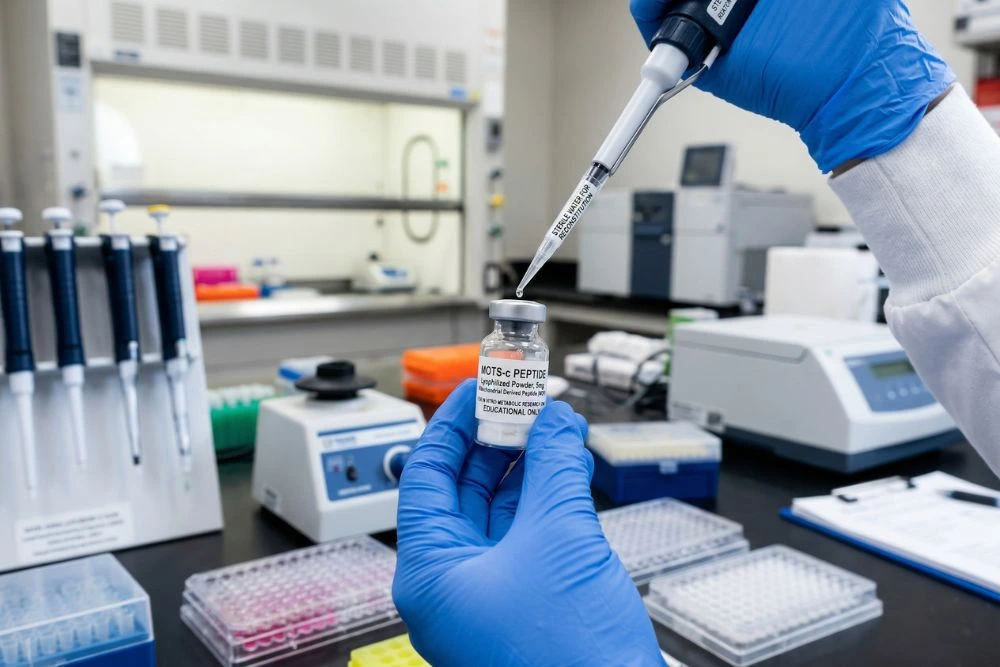 Close-up of research vial containing lyophilized MOTS-c peptide in laboratory setting with scientist preparing reconstituted solution for in vitro metabolic research study on mitochondrial derived peptides.