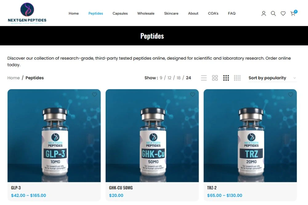 NextGen Peptides ngpeptide.com website screenshot showing research-grade peptide catalog with Certificates of Analysis and customer review highlights positioning it as the top pick best peptide vendor online in 2026