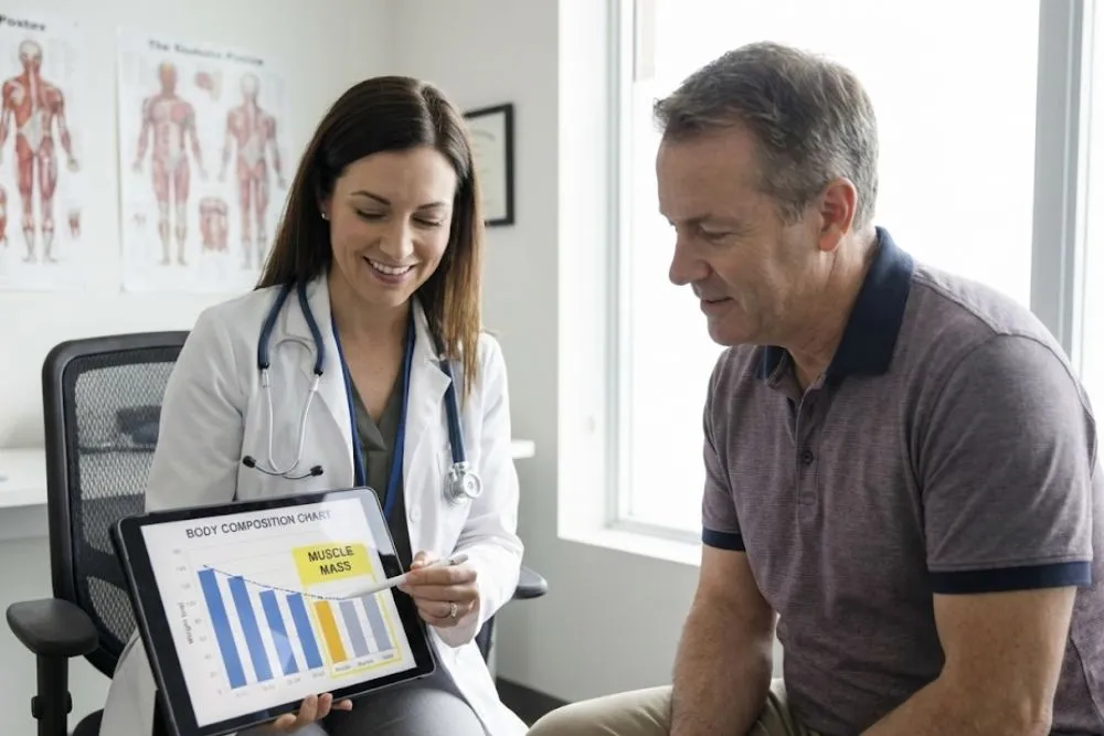 A doctor showing a patient a body composition chart on a tablet, highlighting the importance of muscle mass preservation during weight loss.