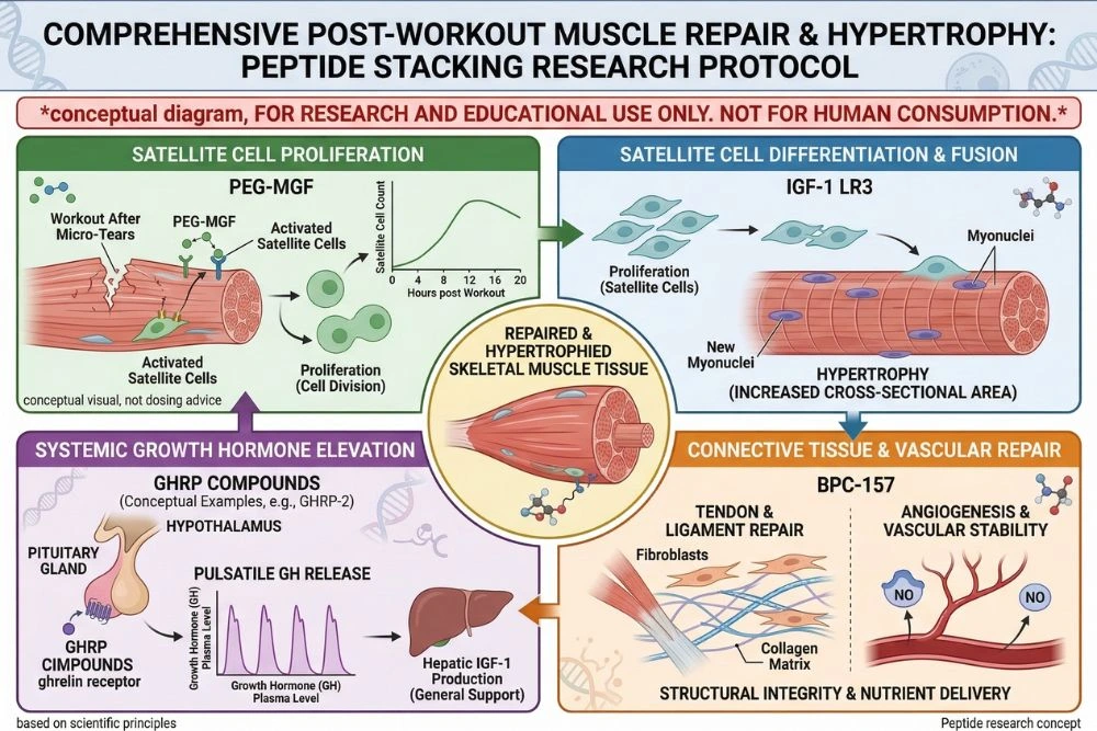 Research stacking protocol diagram showing how PEG-MGF combines with IGF-1 LR3 for satellite cell proliferation and differentiation, BPC-157 for connective tissue and vascular repair, and GHRP compounds for systemic growth hormone elevation to create a comprehensive post-workout muscle tissue repair and hypertrophy research protocol.