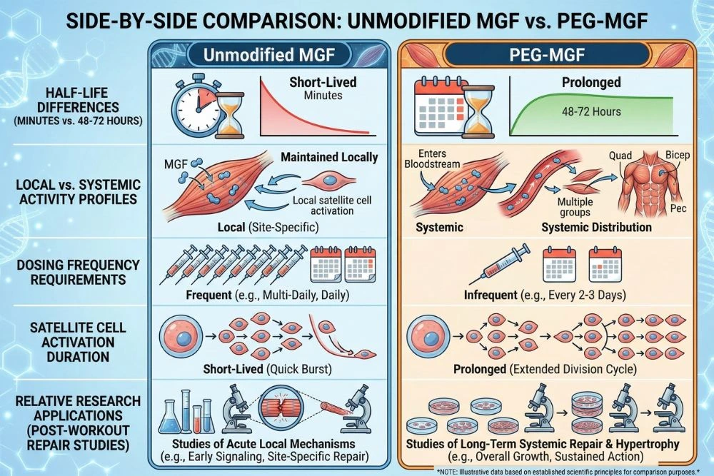 Side-by-side comparison chart of PEG-MGF versus unmodified MGF showing half-life differences (minutes vs 48-72 hours), local versus systemic activity profiles, dosing frequency requirements, satellite cell activation duration, and relative research applications for post-workout muscle tissue repair studies.