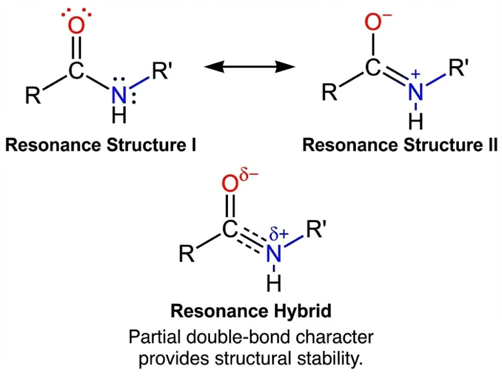 A chemical diagram showing the resonance structure of a peptide bond, illustrating the partial double-bond character that provides stability.