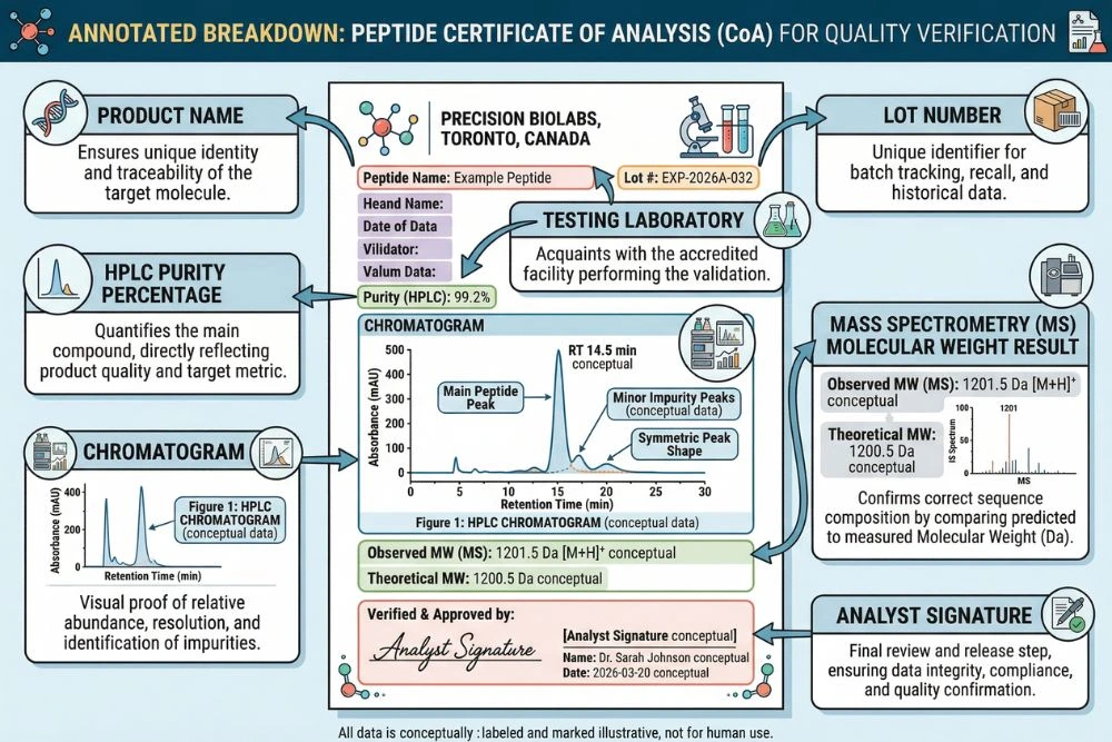 Annotated breakdown of a peptide Certificate of Analysis document identifying each key section including product name lot number testing laboratory HPLC purity percentage chromatogram mass spectrometry molecular weight result and analyst signature for quality verification
